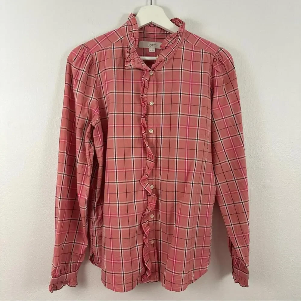 LOFT Pink Plaid Ruffle Button Down Blouse Women's Size S - Picture 1 of 5